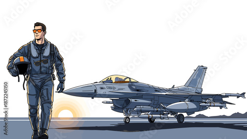 Pilot walking towards fighter jet on runway with helmet in hand confidently