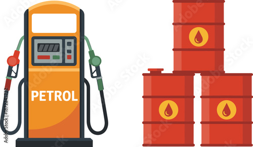 Petrol pump illustration, fuel dispenser, oil barrels, gas station equipment, petroleum storage, energy industry, flat vector, isolated white background graphic