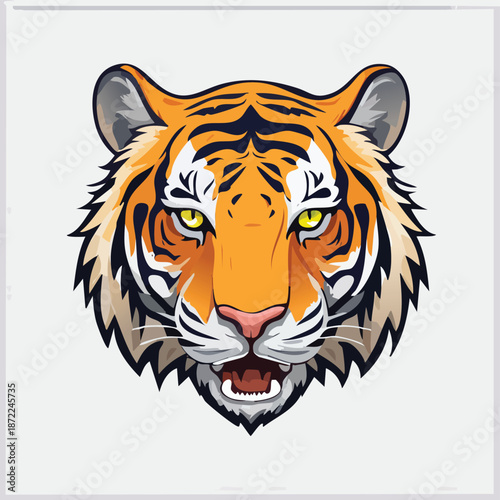 Siberian Bengal tiger head vector illustration featuring a dangerous wild feline predator with orange fur and black stripes in a powerful nature wildlife portrait