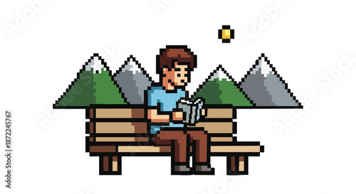 Pixel art man reading a book on a park bench with mountains and sun in the background