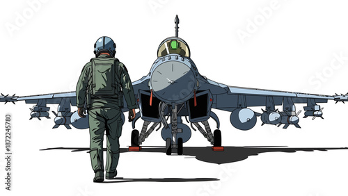 Military pilot walking towards advanced fighter jet on runway