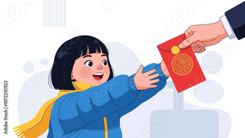 A cheerful child receives a red envelope, a traditional gift, from an adult's hand during a festive celebration.