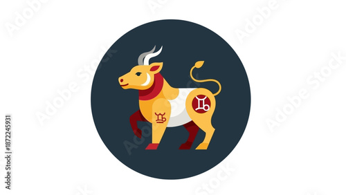Illustration of a golden bull with astrological symbols on a dark blue circle.
