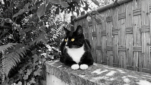 Bilde på lerret A black and white cat with a yellow eye sits calmly on a stone wall, surrounded by lush greenery and a bamboo fence