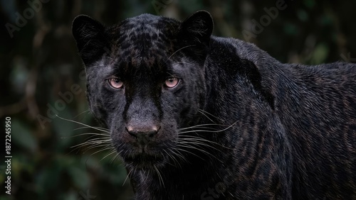 Photos A striking close-up of a black panther in its natural habitat, showcasing its powerful and majestic presence