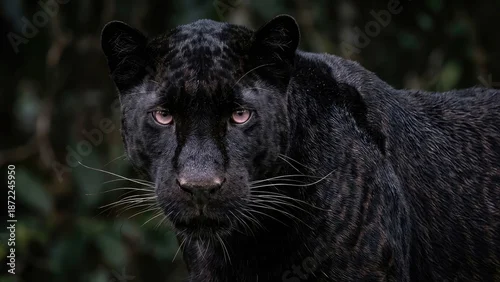 Fototapeta na wymiar A striking close-up of a black panther in its natural habitat, showcasing its powerful and majestic presence.