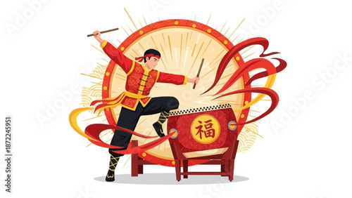 A vibrant illustration of a person playing a traditional Chinese drum during a festival.