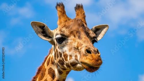 A detailed close-up image of a giraffe's face, showcasing its expressive eyes, large ears, and distinctive coat pattern against a bright blue sky.