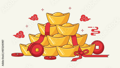 A large pile of golden Chinese ingots, tied with red ribbons and adorned with red Chinese coins, symbolizing wealth and prosperity.