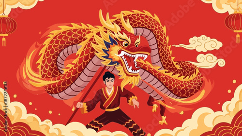 Chinese New Year illustration with dragon dance and performer in red and gold.