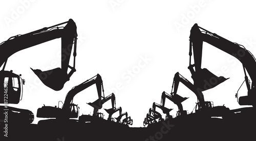 Heavy machinery excavation equipment silhouette construction site.