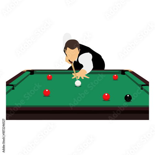 Vector illustration of a snooker player in a waistcoat aiming the cue ball on a green felt table.