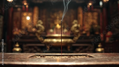 Burning Incense Stick Releasing Gentle Smoke in Peaceful Traditional Temple Interior