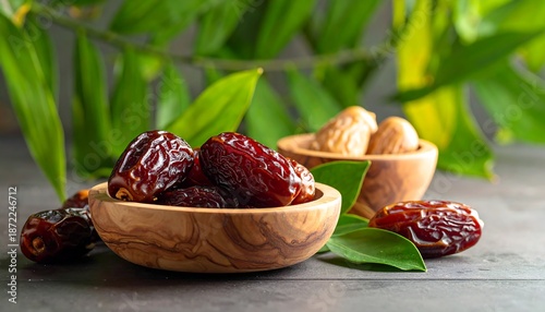 Delicious Dates in Wooden Bowls with Green Leaves.