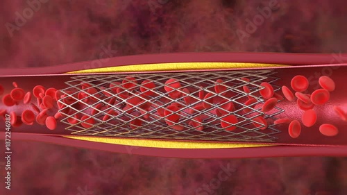 Close-up medical footage of balloon angioplasty procedure showing stent deployment inside a human vein during minimally invasive vascular surgery.