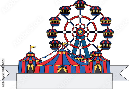 A carnival with a large Ferris wheel and a circus tent logo