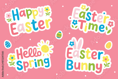Colorful happy easter clipart stickers in pastel style Cute easter stickers with chick eggs and cake Happy easter spring sticker illustrations for kids
