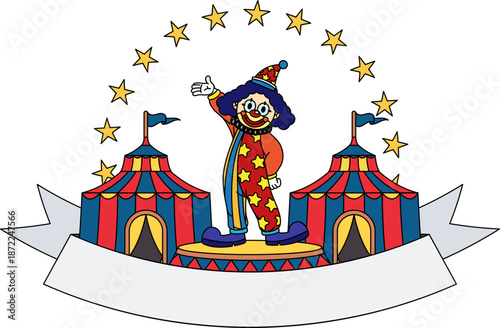 A clown stands in front of a circus tent logo