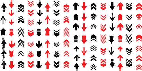 A collection of diverse red and black arrow and chevron icons pointing up and down