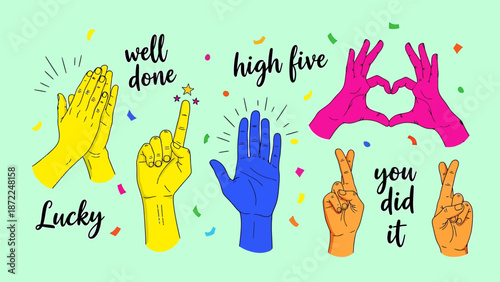 Hands making celebratory gestures with motivational phrases