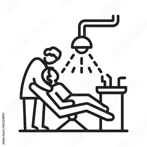 Dental examination scene with a patient and a dentist in a clinic