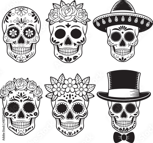 black and white illustrations of sugar skulls with floral and hat decorations