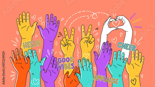 Colorful hands with positive gestures and good vibes
