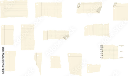 Set of old torn notebook paper pieces. Ripped paper strips. Realistic notepad sheets, scraps of notebook page, with torn edges. Vector design template in aged style