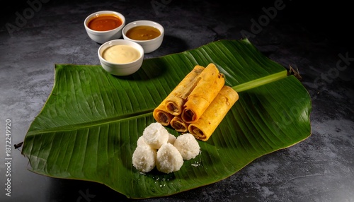 Lumpia and Buko Salad on Banana Leaf with Sauces.
