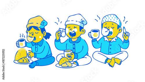 Characters in pajamas and traditional caps eating Suhoor. Featuring coffee mugs and bread. Sleepy but happy expressions. Blue and yellow "early morning" palette. Messy doodle style with high-contrast 