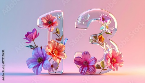 Transparent Number 13 Decorated With Colorful Flowers In Soft Pastel Lighting