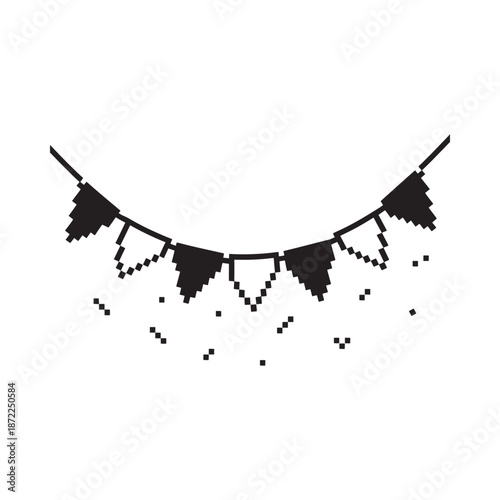 Black and white illustration of a string of decorative party bunting flags