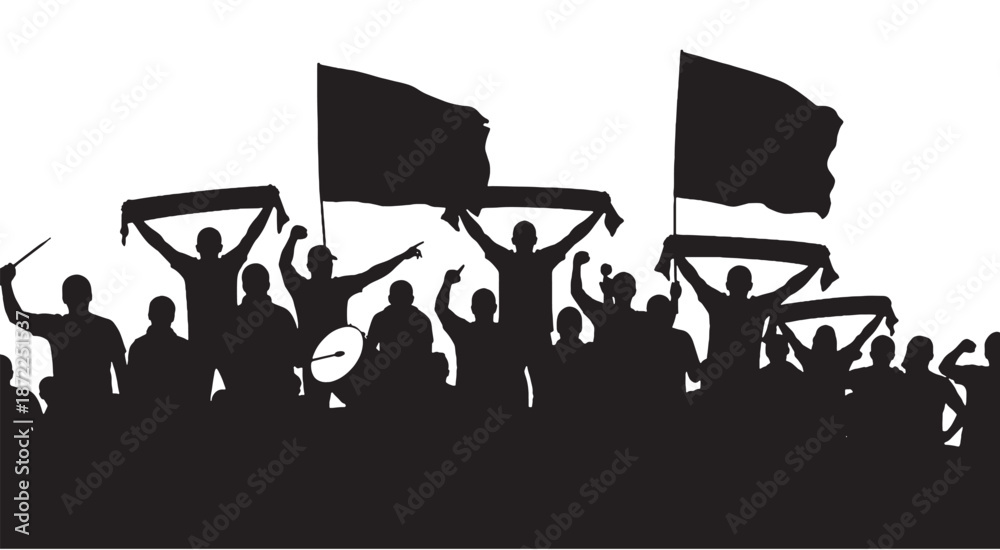 Fototapeta premium Silhouette of a cheering crowd holding flags and scarves at a sports event or concert.