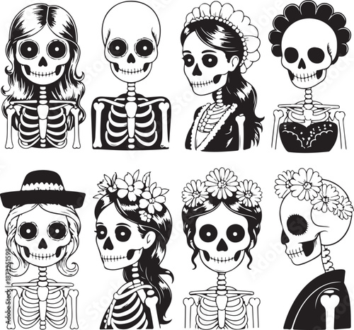 skeleton people with skulls and bones in various poses and outfits