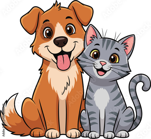 Cute Dog and Cat Best Friends Illustration Featuring a Happy Brown Puppy and Grey Tabby Kitten for Pet Shop Branding Animal Adoption Posters and Kids Nursery Decor