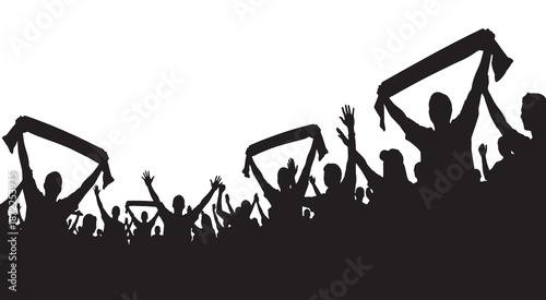 Silhouette of a cheering crowd with scarves raised in the air at a sporting event or concert.