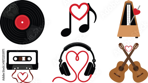 Valentine music romance entertainment icons flat vector pack with vinyl record musical notes heart lipstick kiss cassette tape headphones acoustic guitars representing love songs romantic mood isolate