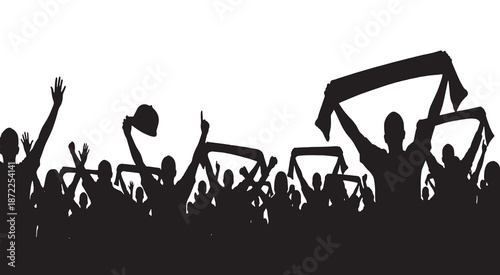 Silhouette of a cheering crowd with hands raised and banners waving, celebrating a sporting event or concert.