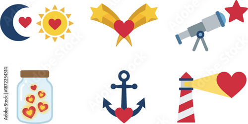Valentine love hobbies passion icons flat vector pack with target cupid arrow book telescope artist palette anchor lighthouse heart representing shared interests romance adventure isolated