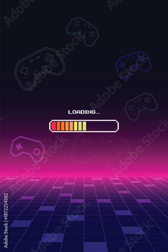 LOADING. pixel art 8 bit.  Retro Futurism Sci-Fi Background. glowing neon grid and star from vintage arcade computer game.