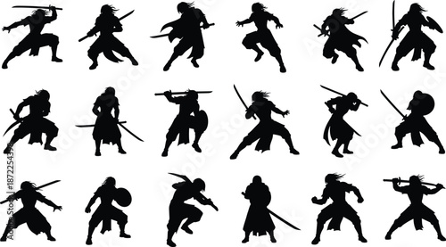 Warrior silhouettes, sword and shield poses, dynamic battle stances, medieval fighters, fantasy action, heroic figures, black silhouettes, epic motion