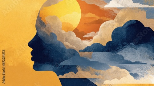 Female figure with sun above clouds in her mind Mental wellness idea