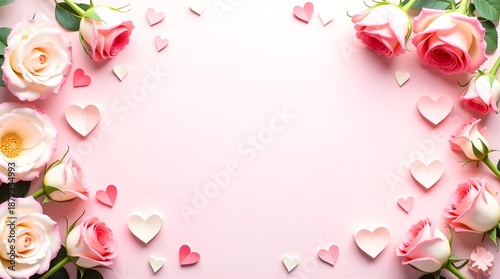 Pink Background with White and Pink Roses Along Borders and Scattered Paper Hearts Framing Blank Center for Romantic, Festive, or Celebration-Themed Visuals Like Valentine’s Day or Wedding Invitations