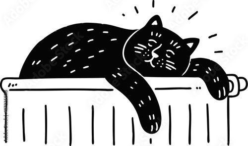 Sleeping cat on warm radiator illustrated in cute hand drawn doodle style with cozy home winter mood