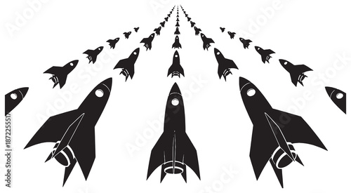 A fleet of rockets launching into space, creating a sense of speed and progress.