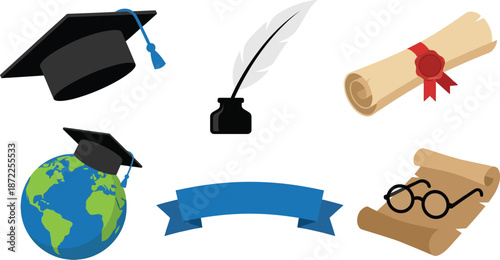 Graduation education global learning icons flat vector pack with mortarboard cap inkwell diploma scroll globe blue ribbon eyeglasses representing international academic achievement knowledge isolated 