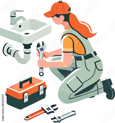 Female plumber fixing sink with tools and toolbox woman