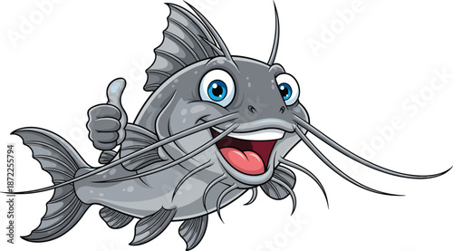 Cartoon catfish with blue eyes giving a thumbs up and smiling illustration