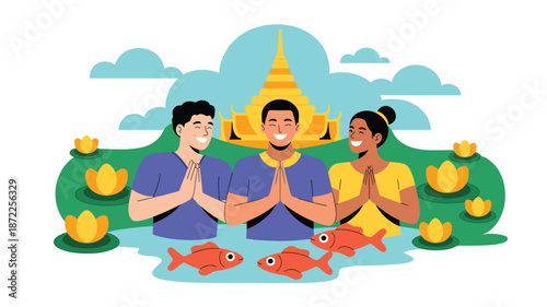 A colorful illustration of three people praying together in front of a temple surrounded by lotus flowers and fish