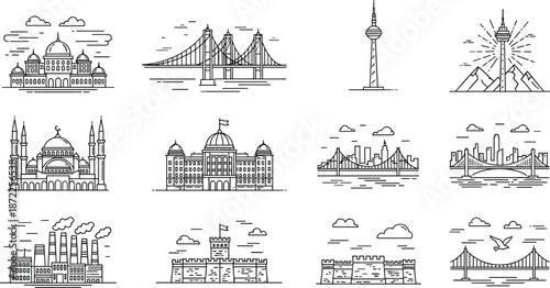 Architectural landmarks flat vector, mosque, bridge, tower, castle, industrial building, cityscape, minimal line art, black and white illustration